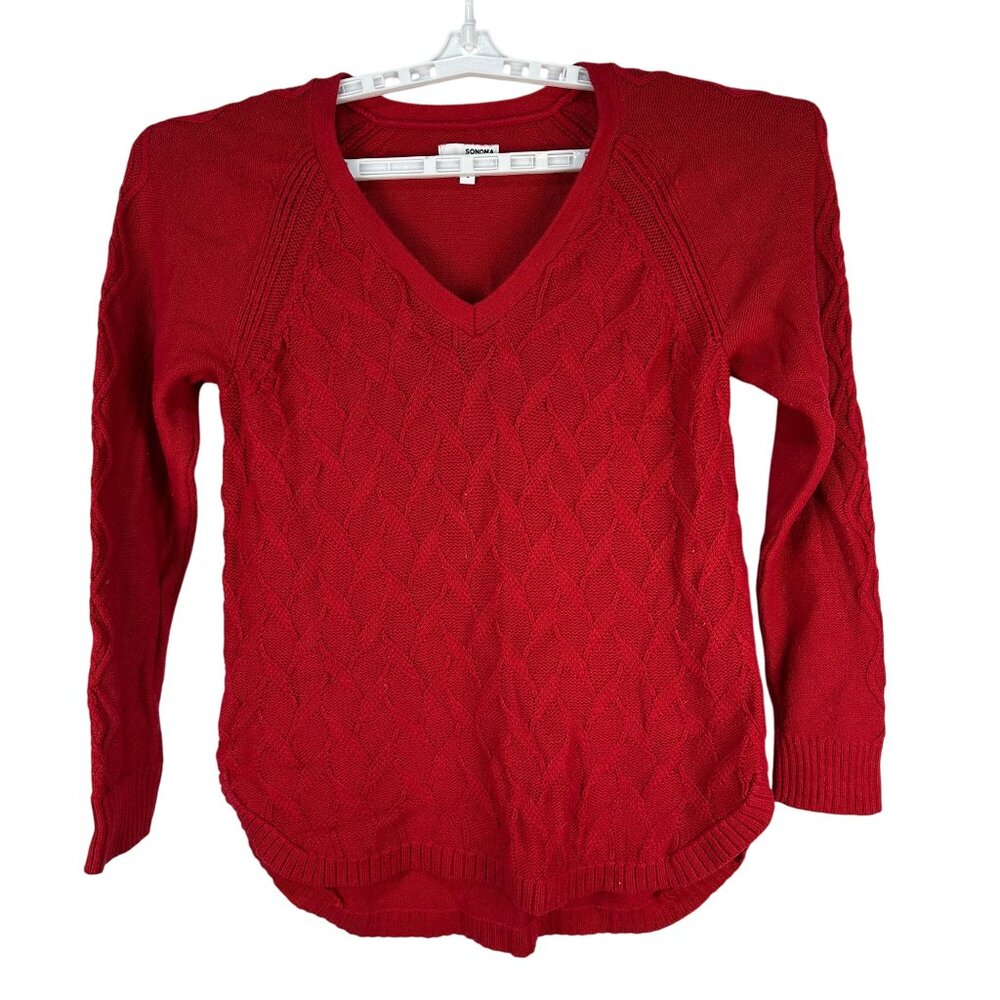Sonoma Goods For Life Womens Red V-Neck Cable Knit Pullover Sweater Large Soft